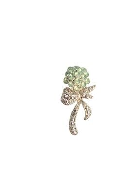 Vintage Silver Tone Green Rhinestone Flower With Bow Pin Brooch 1.5"